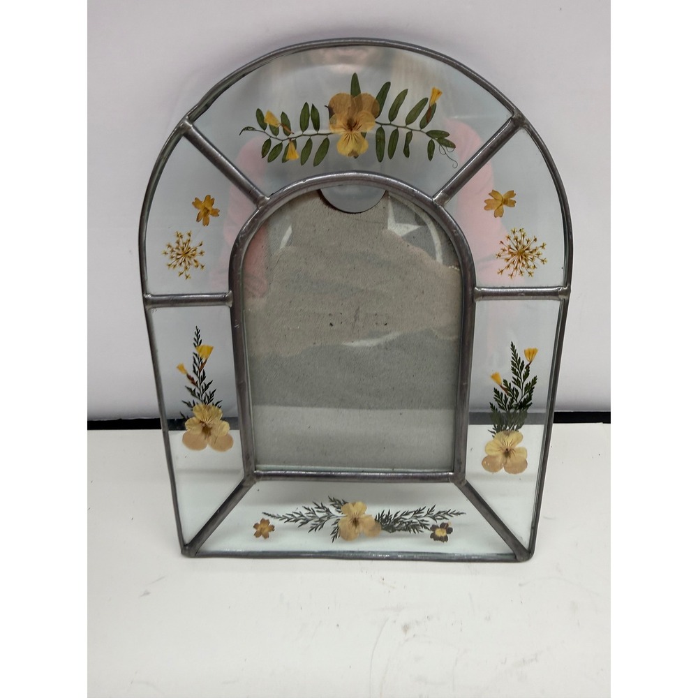 Vintage Stained Glass Arched Picture Frame Pressed Dried Yellow Flowers 9x7.25